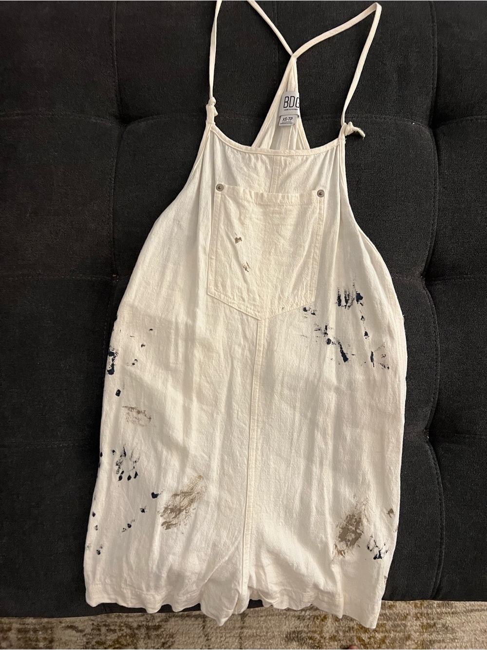 BDG Cream Painter-Style Overall Romper with Paint Splatters